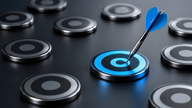 Blue dart hitting glowing target bullseye among empty targets representing business strategy focus competitive advantage and success