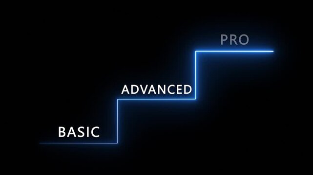Luminous blue neon staircase illustrating progression from basic to advanced levels animation