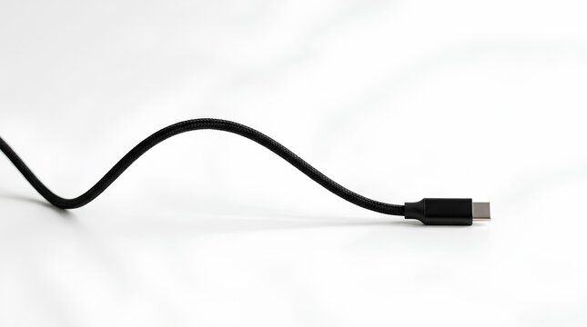 Black braided USB C charging cable on white background