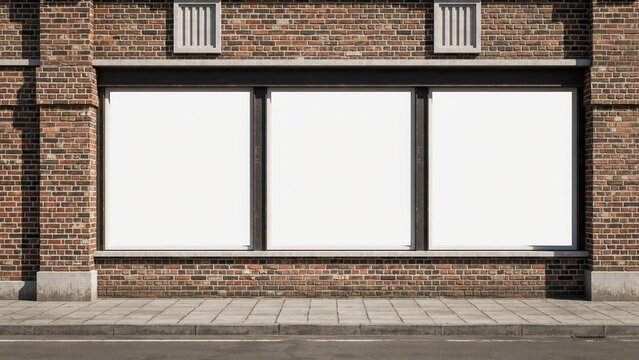 Three blank storefront display windows on a brick building exterior under daylight. Ideal for advertising mockup presentations.