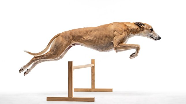 Greyhound dog jumping over an agility hurdle on a white background
