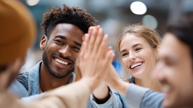 Teamwork High Five: Two smiling colleagues share a high five, their faces alight with joy and mutual respect, symbolizing collaboration and camaraderie in a modern office setting.