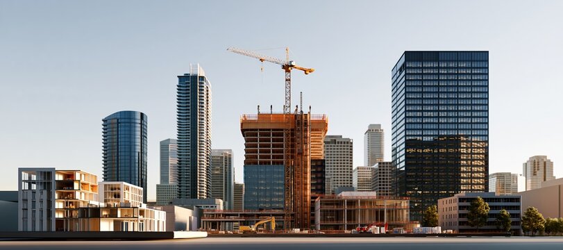 Commercial property lifecycle from architectural model to construction and completed office tower