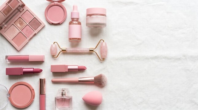 Pink makeup and skincare products arranged on a white textured background