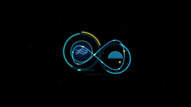 Futuristic Infinity Loop Digital HUD Interface with Neon Glowing Wave Symbols and Data Analytics Motion Graphics on a Solid Deep Black Background