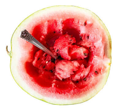 top view of half fresh ripe watermelon with tablespoon isolated on white background