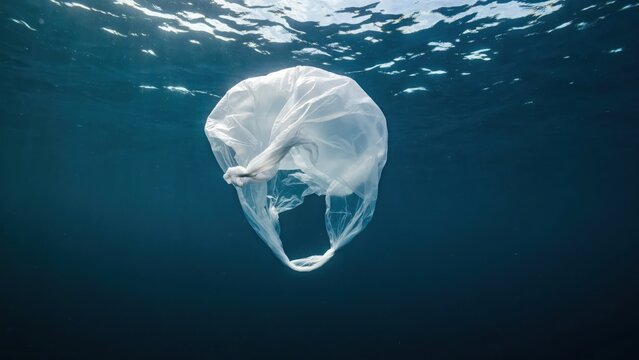 A single plastic bag floats underwater in deep blue ocean water. This image illustrates the critical problem of marine pollution and environmental conservation.