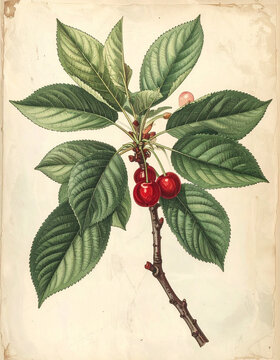 Cherry tree branch botanical study with detailed leaves and vintage engraving