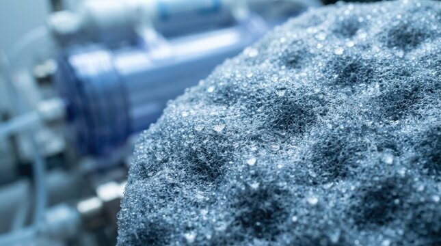 Semipermeable membrane with tiny water droplets, fine pores, and blue filtration frame.