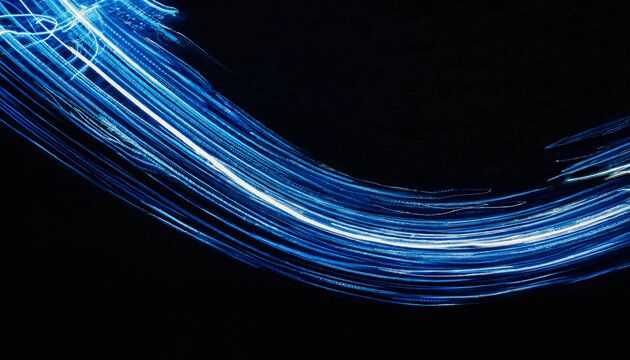 Abstract electric blue light painting trail glowing curve wave motion blur on dark black background high speed energy flow