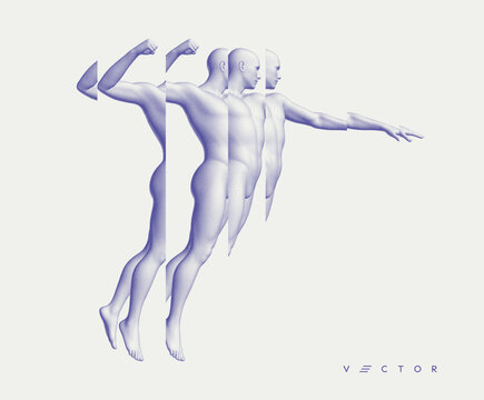 Leadership, freedom or development concept. Jumping man. 3D human body model. Design for sport. Vector illustration composed of particles. Reflection and splitting.