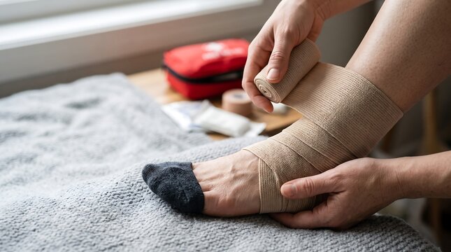 Person wrapping injured ankle with elastic compression bandage for support and recovery.