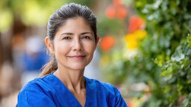 Portrait of a Smiling Caregiver: A kind and compassionate caregiver in a blue scrub top smiles gently at the camera, set against a softly blurred backdrop of lush greenery and colorful flowers.