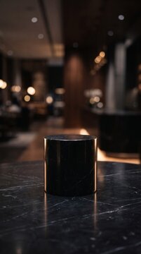Minimalist black marble cylinder product display stand on a dark stone table in a blurred luxury interior.