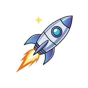 Cartoon vector illustration of blue and white rocket ship launching with fire and smoke trail on black space background with star. Concept for startup, business growth, success, innovation, technology