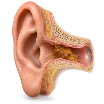 Ear canal earwax impaction medical 3D anatomy render showing moderate cerumen blockage in realistic cross section, isolated on clean background for healthcare, patient education, and clinical use