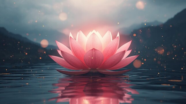 Glowing pink lotus flower floating on calm water with mountain reflections with illuminated