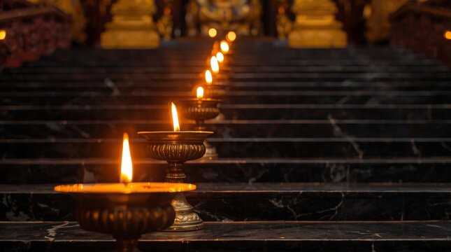 Glowing brass lamps aligned on dark marble steps with warm lighting with candle holders positioned