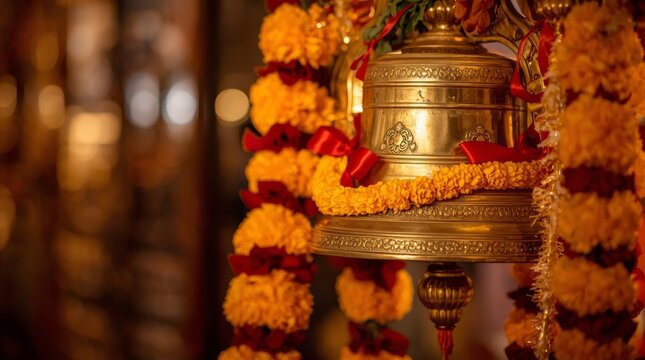 Close up of ornate brass bell adorned with vibrant marigold flower garland in warm glow