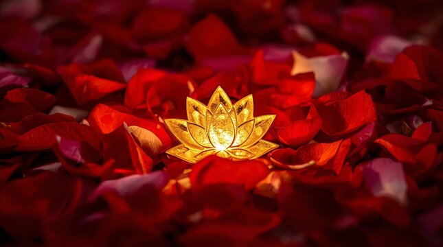 Glowing golden lotus symbol illuminated amidst deep red and soft white petal beds