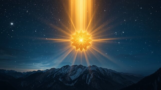 Radiant golden lotus symbol illuminating night sky over snowy mountain peaks with rays deep starry