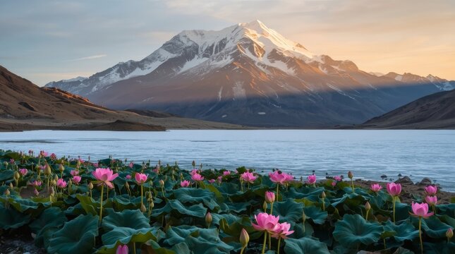 Majestic mountain range with glowing sunrise and vibrant water lilies in foreground