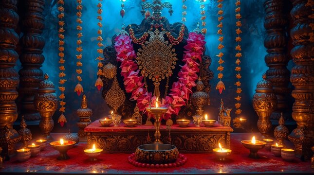 Elaborate ritual altar with intricate lotus garland decorations with ceremonial altar