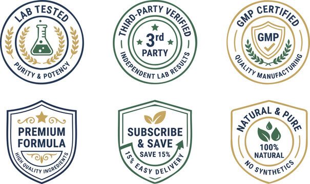 Product Certification Badges with Lab Tested GMP Certified and Quality Guarantee Vector