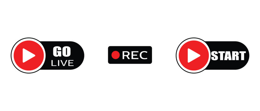Go live and start recording button vector set with red play icon for professional streaming overlay and video layout interface creation