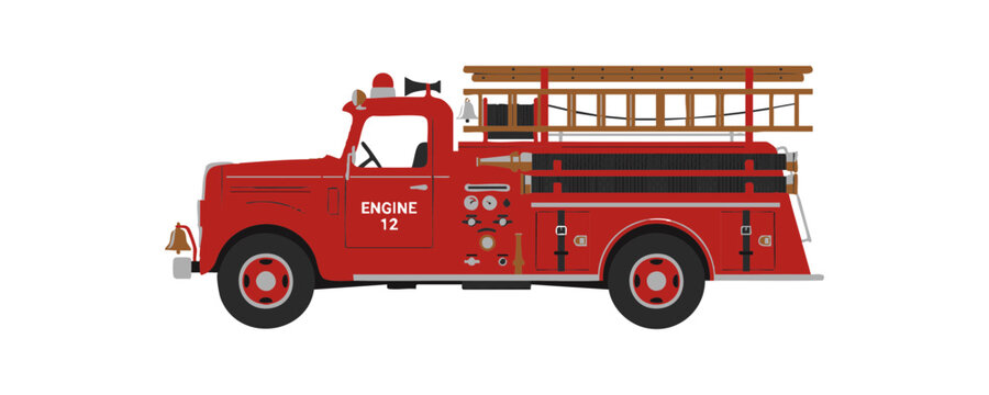 Side view of a vintage red fire engine truck isolated on white background.