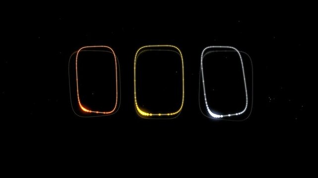 Three glowing rounded rectangular frames with particle light trails on a dark starry background 4k video