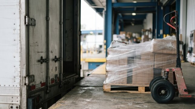 Refrigerated trailer beside stacked pallets, shrink wrap, hand truck wheel, and loading bay at a dock