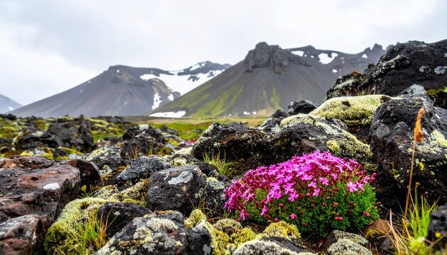 Silene acaulis in rocks. Pink silene acaulis moss campion blooming among rough grey rocks in an alpine landscape.