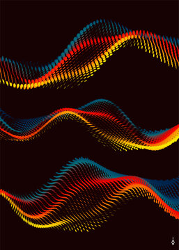 Dynamics particles. Abstract wavy background. Wave with connected dots. Big data. Gradient colour. 3D grid surface. Illustration for brochure, poster, cover, presentation, flyer or banner.