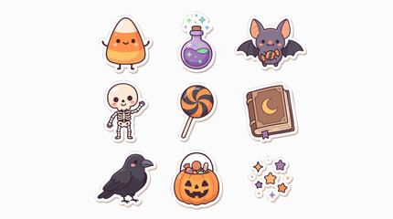 Fototapeta premium Halloween sticker pack with spooky ghosts pumpkins and bats vector illustration set