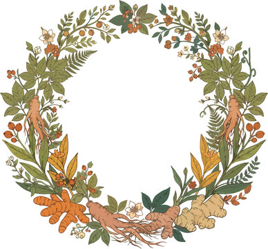 Botanical Wreath with Ginseng Root Ginger and Medicinal Herbs Vector