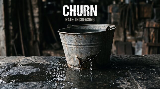 Leaking metal bucket with churn rate text concept