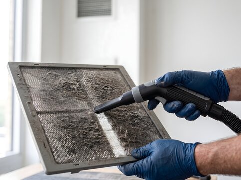 A person cleaning a very dirty air conditioner filter with a vacuum cleaner.