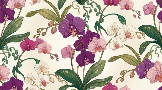 Exotic purple and white orchids with dew drops seamless botanical pattern for luxury packaging.