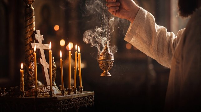 Orthodox priest holding incense censer during religious ceremony with candles