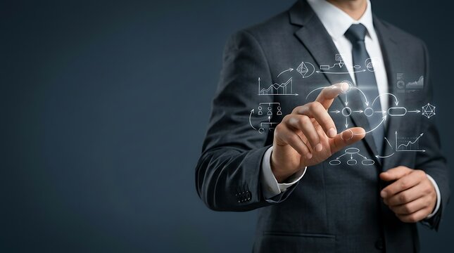 Professional businessman interacting with a digital interface of business charts and data flow.
