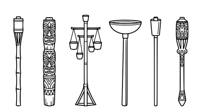 Tribal Tiki Torch Vector Icon Set Featuring Bamboo Garden Stakes Ornate Carved Pillars and Multi Hanging Lantern Posts for Outdoor Event Graphic Designs