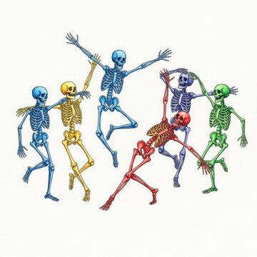 Vibrant watercolor painting featuring lively skeletons in joyous dance poses, painted with bright colors on a clean white paper backdrop, carnival, bones, movement