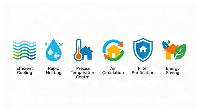 Flat air conditioner home appliance function icon, temperature control, purification, energy-saving and temperature regulation, air conditioner detail page, home appliance promotional image.
