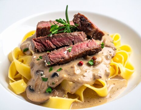 Authentic beef Stroganoff. Tender sliced steak and mushrooms over fresh pappardelle pasta with cream sauce.