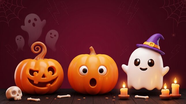 Cute halloween illustration with smiling pumpkins and a friendly ghost wearing a witch hat on a dark red background with glowing candles and small bones