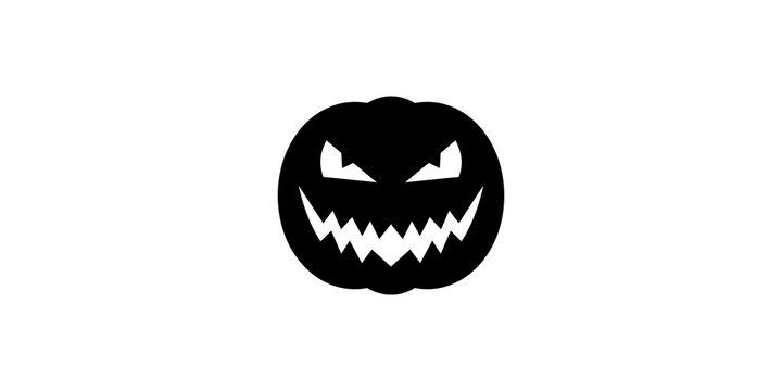 Spooky black Jack-o'-lantern silhouette icon with a sinister grinning face, ideal for Halloween decorations, horror-themed designs, and seasonal festive graphics on a white background.