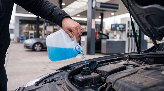 Automotive technician pouring blue windshield washer fluid into vehicle reservoir during routine car maintenance at fuel station showing engine compartment service liquid refill automotive care vehicl