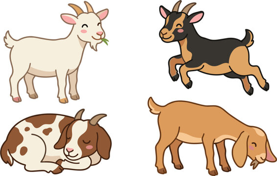 Cute Goat Cartoon Character Vector Set Featuring Baby Kids Standing Jumping Sleeping and Grazing for Children Books Nursery Decor and Farm Graphic Designs
