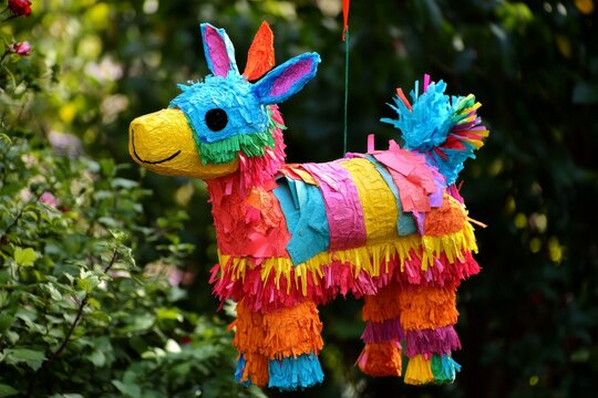 Bright multicolored donkey pinata hanging in lush garden setting with flowers in background